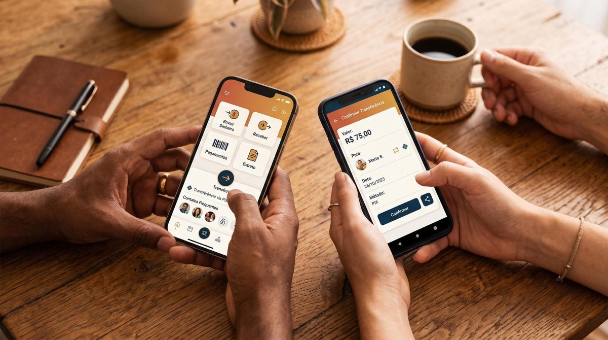 Mãos de duas pessoas segurando smartphones exibindo um aplicativo de banco digital, com ícones de transferência e compartilhamento visíveis na tela, e