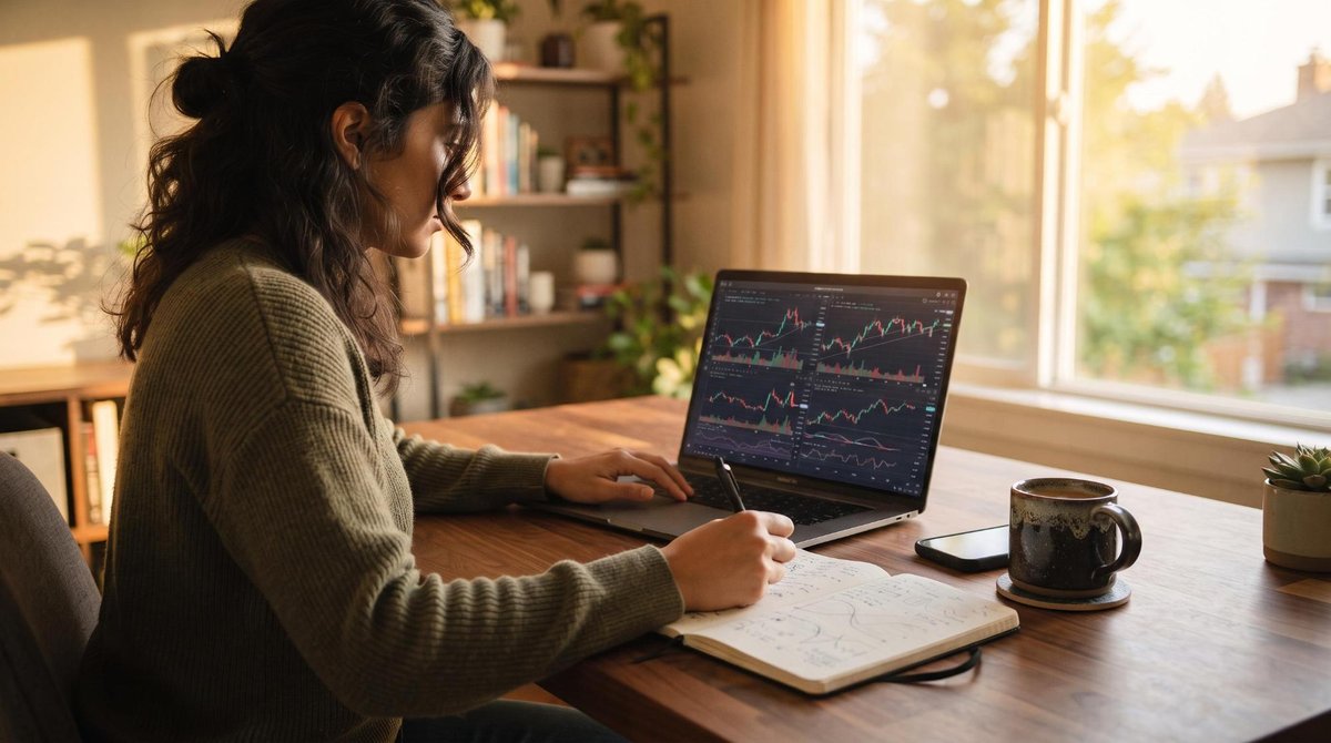 Pessoa diante de um laptop exibindo gráficos e dados financeiros, com um caderno de anotações aberto e uma xícara de café sobre uma mesa de madeira, l