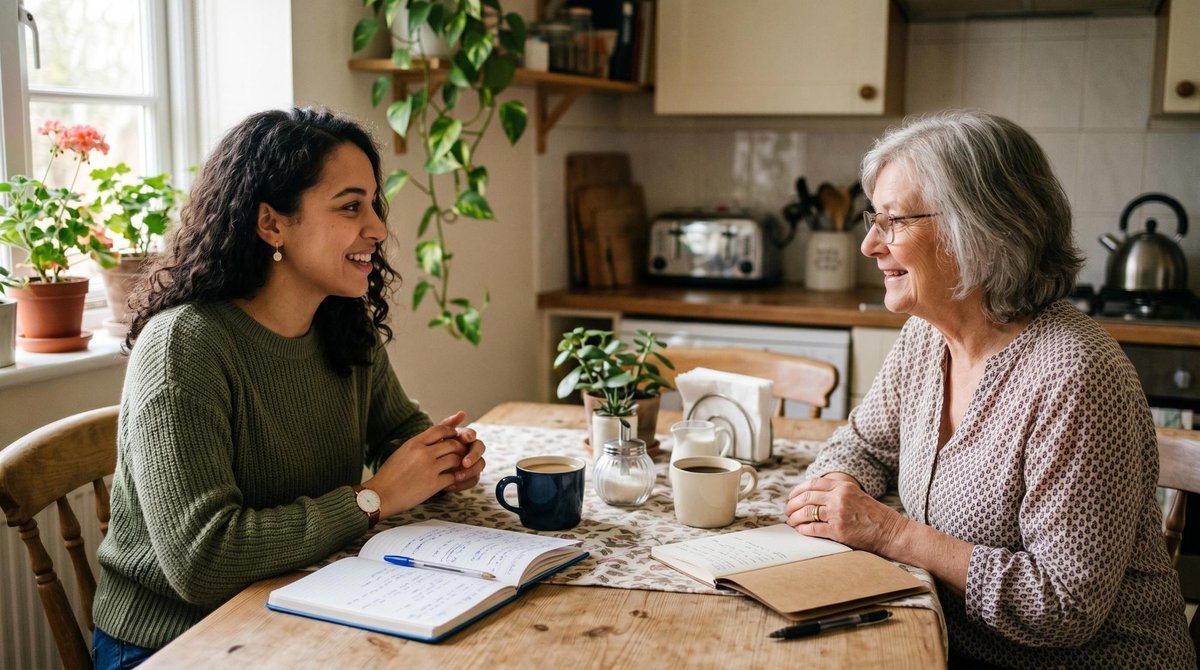 Duas pessoas, uma mais jovem e uma mais velha, tomando café na mesa da cozinha enquanto conversam de forma acolhedora, com cadernos e canetas ao lado,