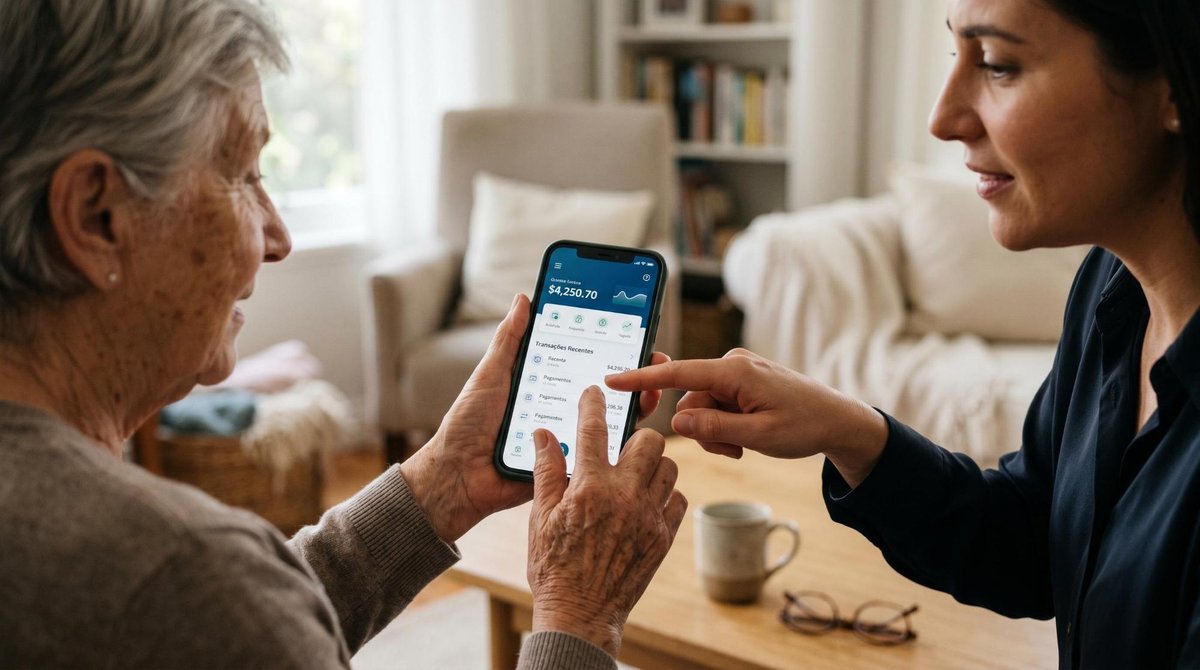 Mãos de uma pessoa idosa segurando um smartphone com a tela de um aplicativo bancário aberto, enquanto as mãos de um familiar apontam para a tela com