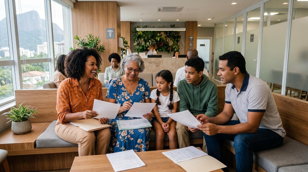 Uma família brasileira diversificada aguarda em uma sala de espera de clínica médica moderna e acolhedora, conversando enquanto consulta documentos de