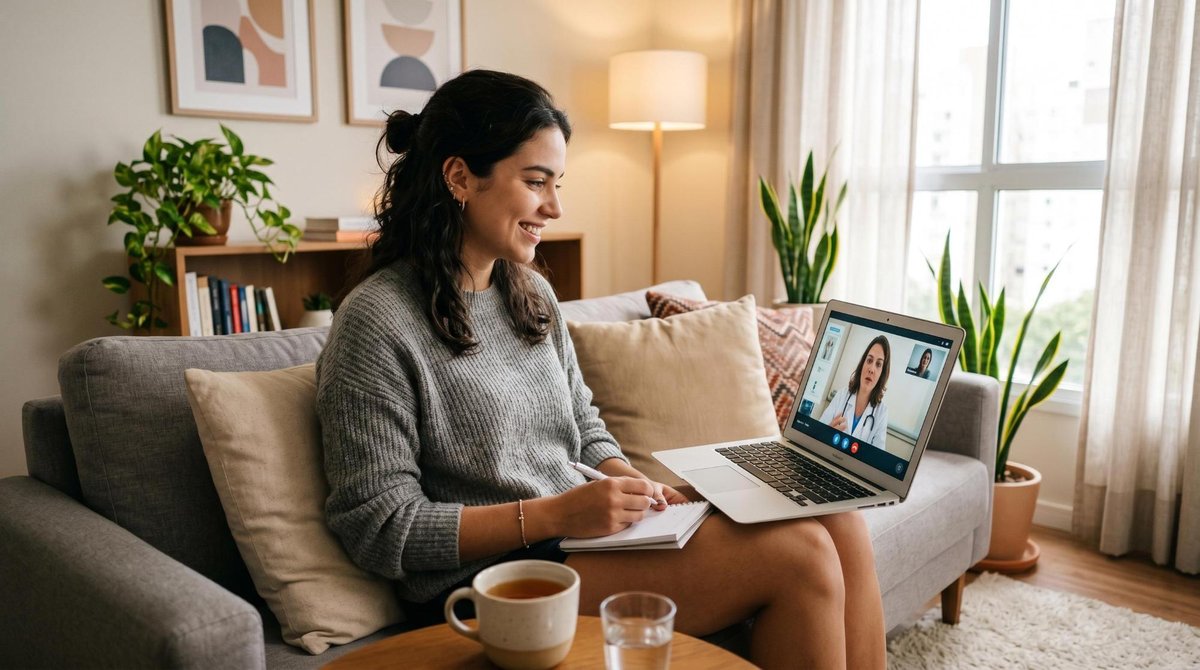 Uma mulher jovem realiza teleconsulta por videochamada em seu laptop, sentada confortavelmente em um ambiente doméstico bem iluminado, representando a