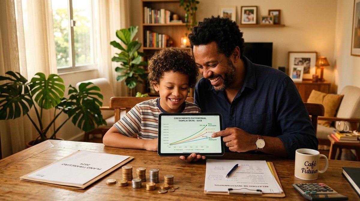 Criança e adulto observando juntos um gráfico de crescimento de investimentos em um tablet