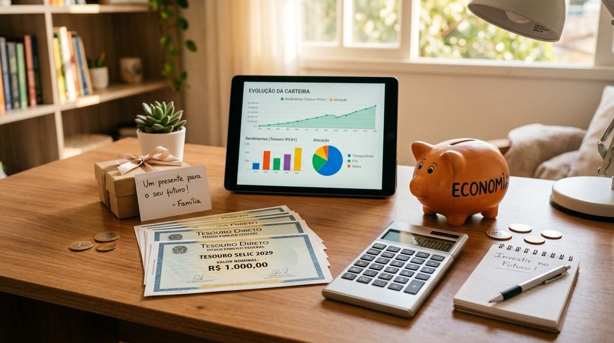 Como escolher presentes financeiros duradouros para seus filhos e construir um futuro sólido 2 Mesa organizada com instrumentos financeiros brasileiros como títulos do Tesouro Direto, uma calculadora moderna, um cofrinho e gráficos de investimen
