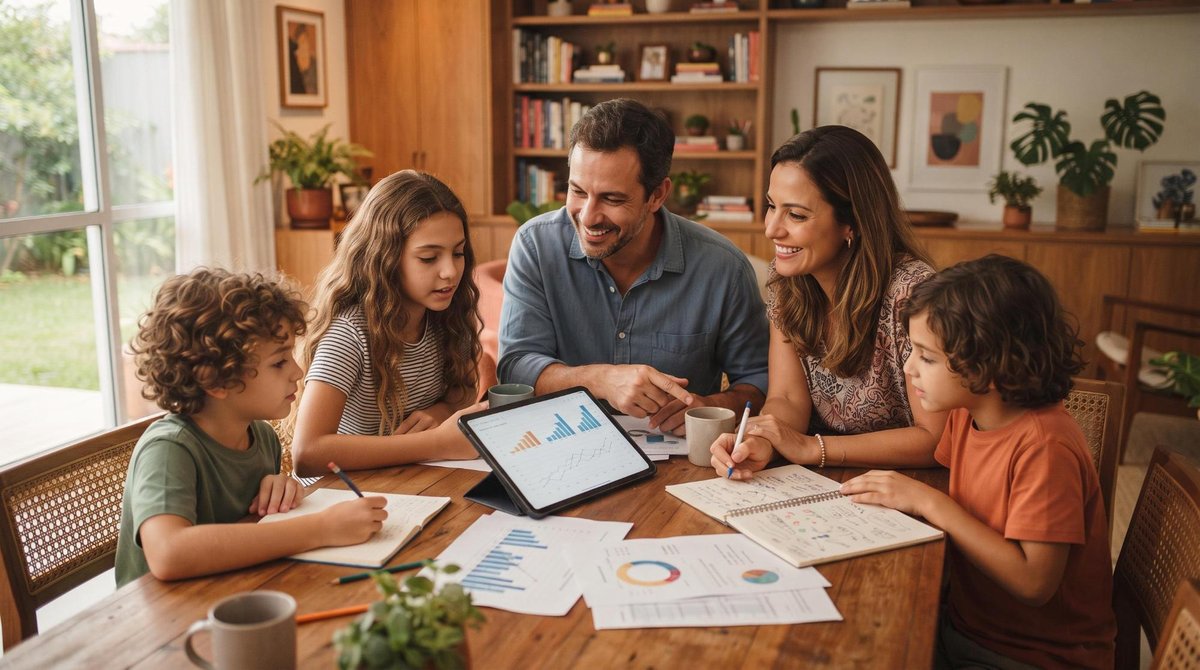 Como escolher presentes financeiros duradouros para seus filhos e construir um futuro sólido 3 Família brasileira com crianças de idades diferentes sentada junta em volta de uma mesa planejando investimentos futuros, com tablet, caderno de anota