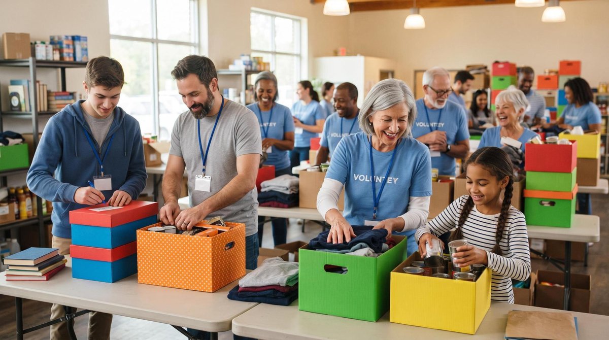 Voluntários empacotando doações em caixas coloridas em um centro comunitário, pessoas de diferentes idades colaborando em ambiente organizado e bem il
