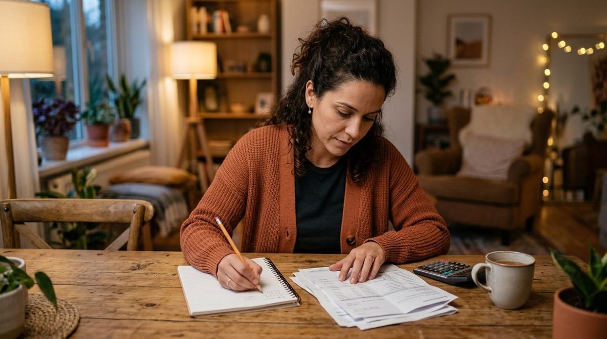 Como gerenciar finanças após o divórcio e reconstruir sua vida econômica 2 Mulher adulta concentrada analisando extratos bancários e anotando valores em um caderno, ambiente doméstico acolhedor com tons quentes, expressão ser