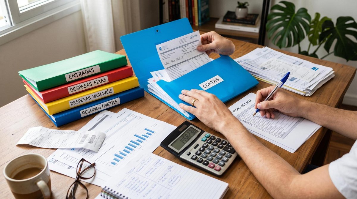 Como gerenciar finanças após o divórcio e reconstruir sua vida econômica 3 Mãos organizando documentos financeiros sobre uma mesa, com calculadora, caneta e pastas coloridas para separar contas, composição visual limpa que re