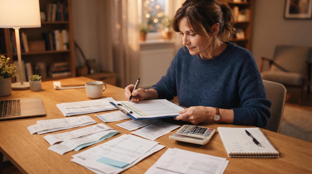 Uma pessoa adulta organizando documentos, recibos e anotações em uma mesa de trabalho doméstica, com uma calculadora e bloco de notas ao lado, represe