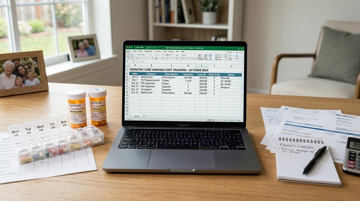 Uma mesa organizada com porta-comprimidos, receitas médicas e uma planilha de controle de gastos de saúde, representando o planejamento de custos vari