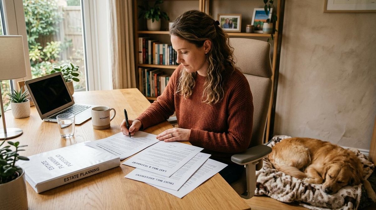 Pessoa sentada à mesa consultando documentos de planejamento sucessório ao lado de seu animal de estimação