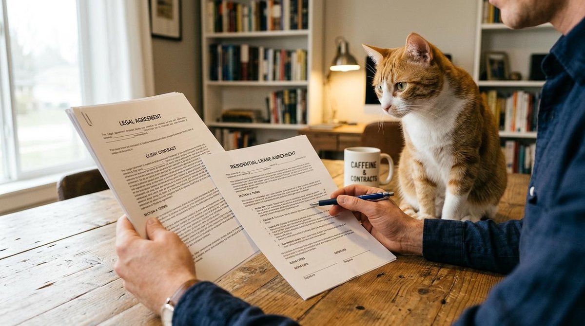 Como incluir seu pet no planejamento sucessório e garantir o cuidado do animal 2 Mãos de uma pessoa segurando um contrato e um documento legal sobre uma mesa de madeira, com um gato de estimação sentado curioso ao lado dos papéis,