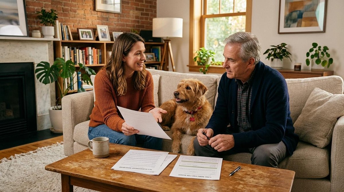Como incluir seu pet no planejamento sucessório e garantir o cuidado do animal 3 Pessoa conversando e mostrando documentos para um familiar em uma sala de estar confortável, com um cachorro de estimação entre eles, representando a