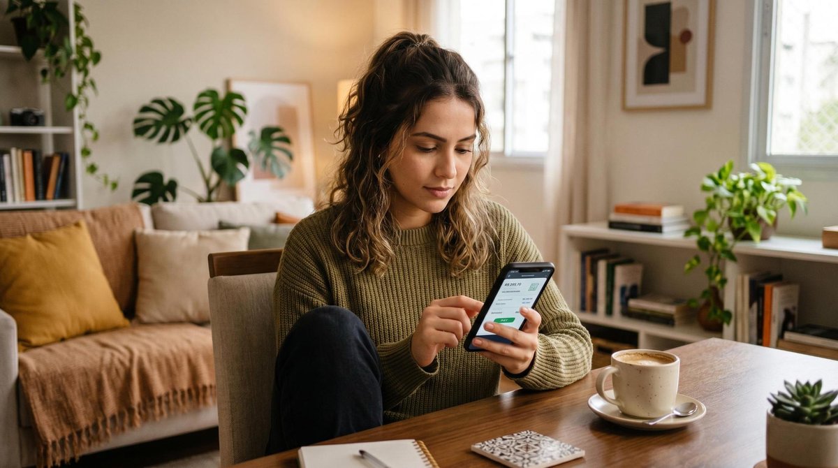Mulher jovem sentada em um ambiente doméstico moderno e aconchegante, concentrada olhando para o celular enquanto acessa a seção de pagamento de conta