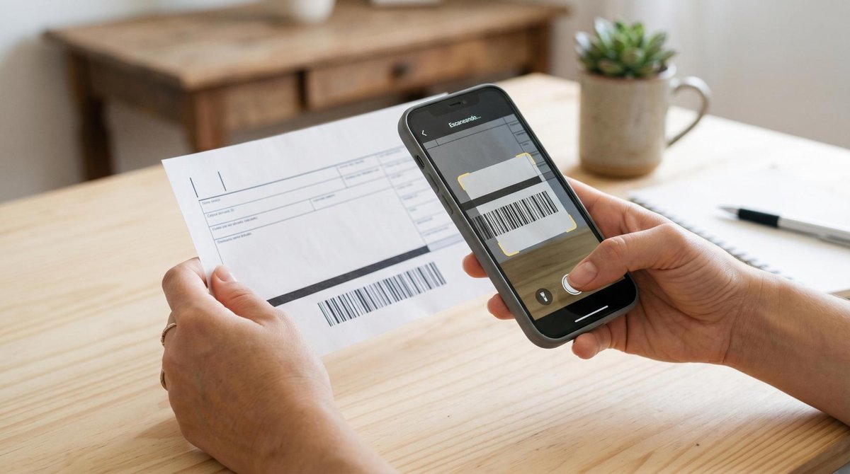 Mãos segurando um boleto bancário impresso ao lado de um smartphone aberto em um app de pagamentos, posicionados sobre uma superfície clara, prontos p