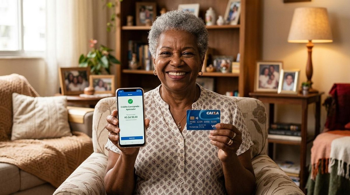 Aposentado brasileiro sorridente segurando um smartphone e um cartão de banco, representando a praticidade do crédito consignado com desconto em folha