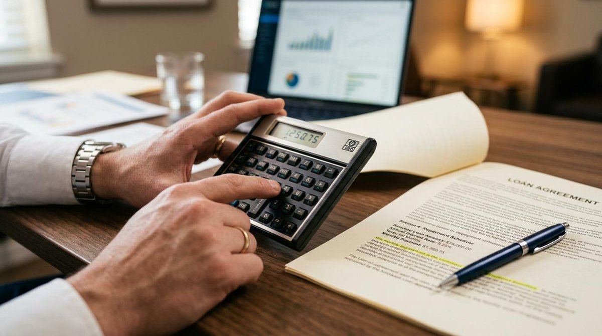 Primeiro plano de mãos utilizando uma calculadora financeira sobre uma mesa de trabalho, ao lado de uma caneta e um contrato de empréstimo aberto