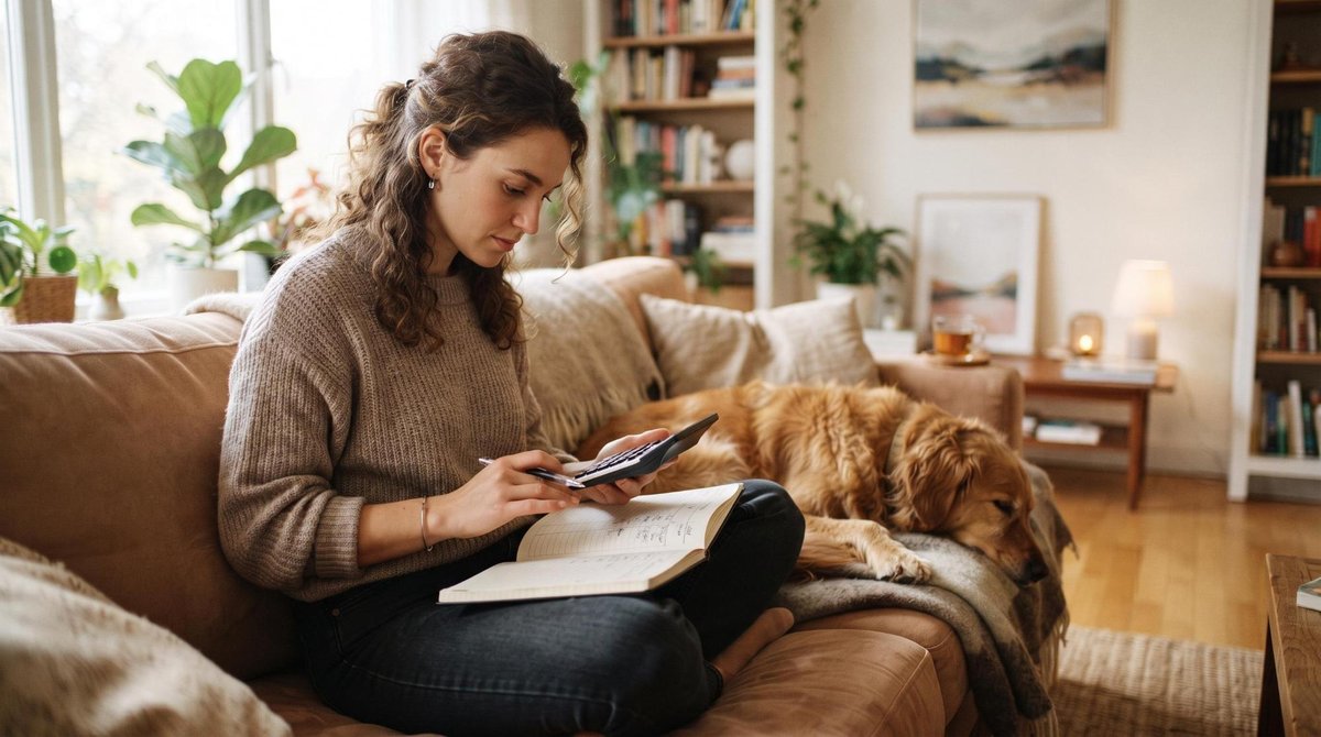 Pessoa sentada no chão calculando gastos mensais com pet ao lado de um cachorro