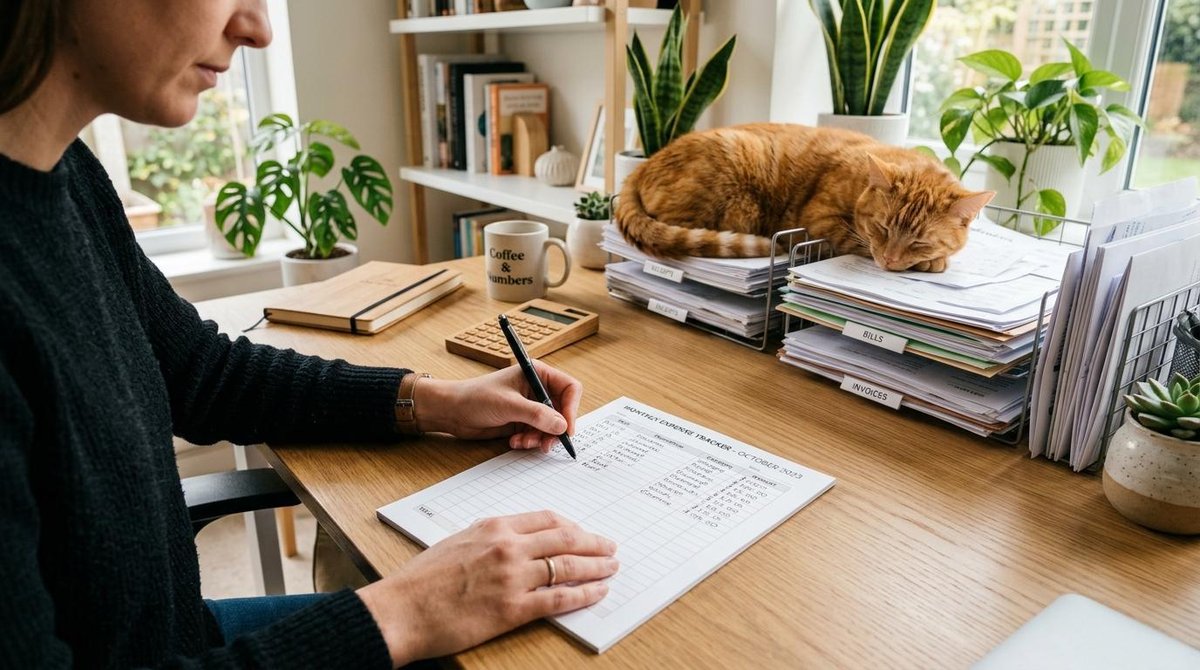 Como se preparar financeiramente para adotar um pet e manter o orçamento em dia 2 Mãos de uma pessoa preenchendo uma planilha de controle de gastos mensais em uma mesa de escritório organizada, com um gato laranja deitado confortave