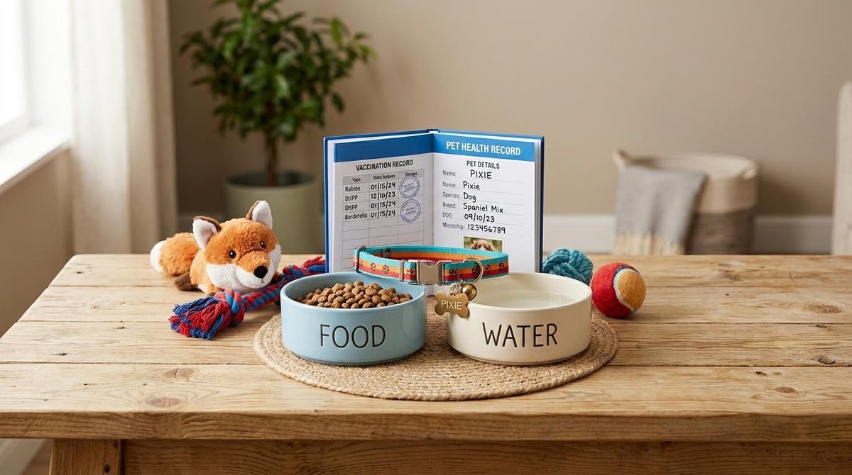 Como se preparar financeiramente para adotar um pet e manter o orçamento em dia 3 Mesa de madeira organizada com itens essenciais para receber um novo pet, incluindo potes para ração, coleira colorida, brinquedos e uma carteirinha d