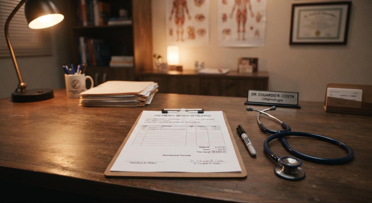 Como se preparar para uma cirurgia com custos altos e manter suas finanças em ordem 3 Mesa de escritório limpa com prancheta contendo orçamento médico detalhado, caneta marcadora e estetoscópio ao lado, iluminação ambiente aconchegante