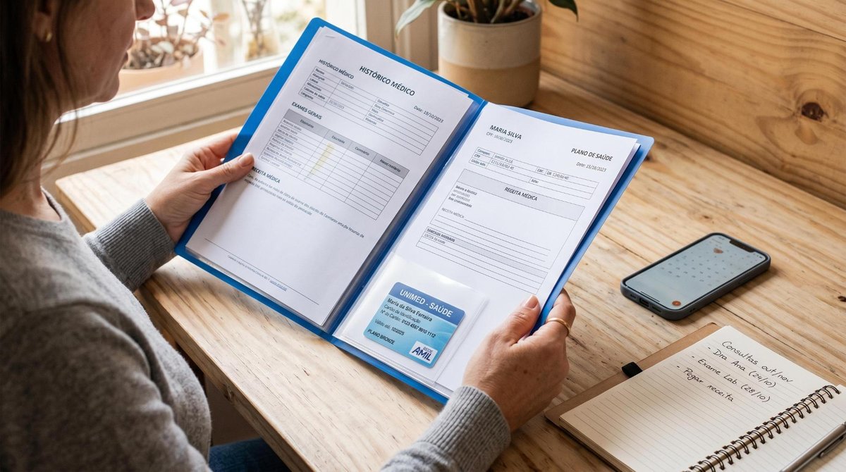Mãos de uma pessoa segurando uma pasta organizadora com documentos médicos e cartão de plano de saúde, ao lado de um smartphone e um bloco de anotaçõe