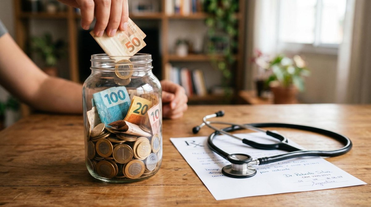 Um frasco de vidro transparente com moedas e notas sendo depositadas, posicionado ao lado de um estetoscópio e uma receita médica sobre uma mesa, repr