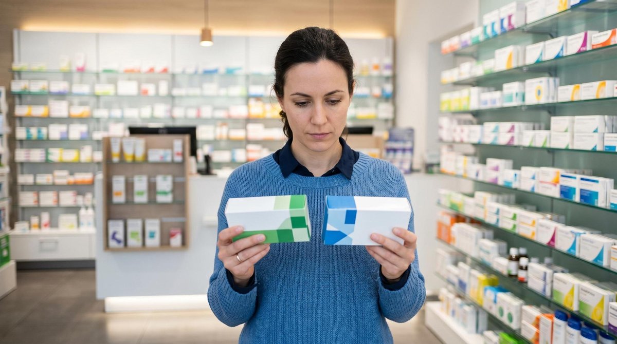 Pessoa comparando embalagens de medicamentos genéricos e de marca em uma prateleira de farmácia