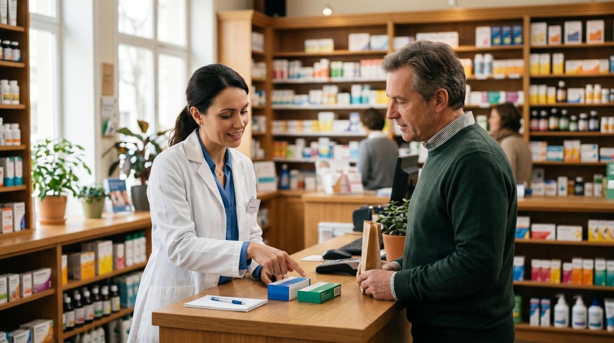 Medicamentos genéricos vs de marca: qual tem o melhor custo-benefício para você 2 Um farmacêutico em jaleco branco atende um cliente no balcão de uma farmácia, apontando para diferentes opções de medicamentos enquanto explica as dif