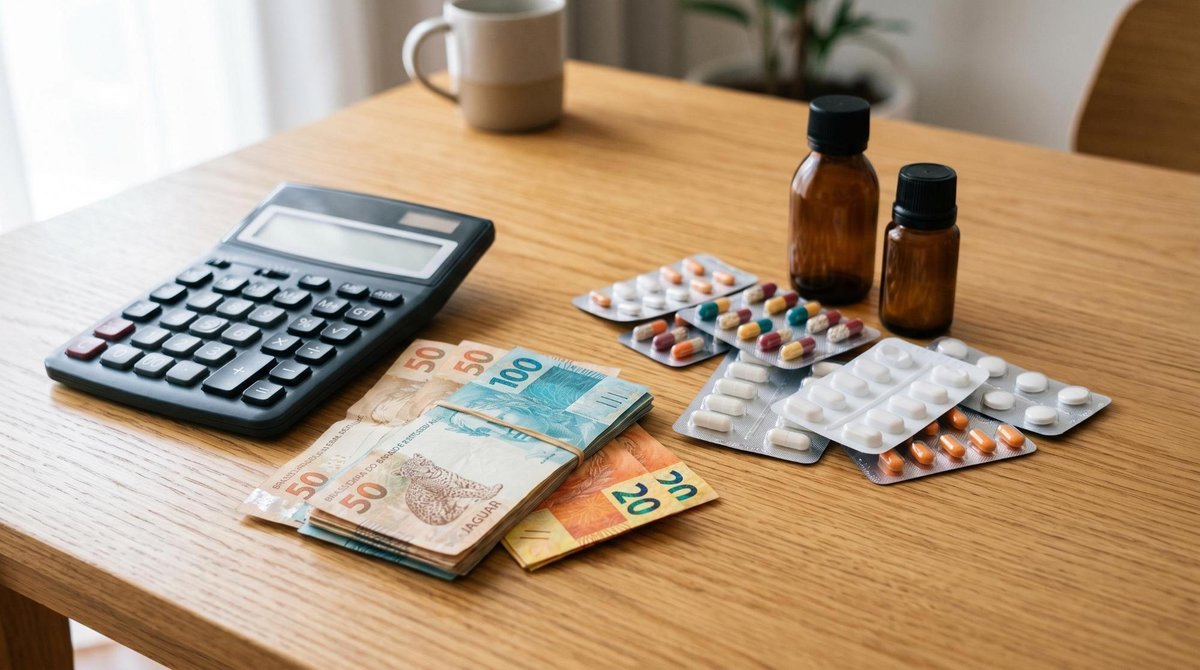 Medicamentos genéricos vs de marca: qual tem o melhor custo-benefício para você 3 Uma calculadora e notas de dinheiro dispostos ao lado de blisters de medicamentos sobre uma mesa de madeira clara, simbolizando a análise de custo-ben
