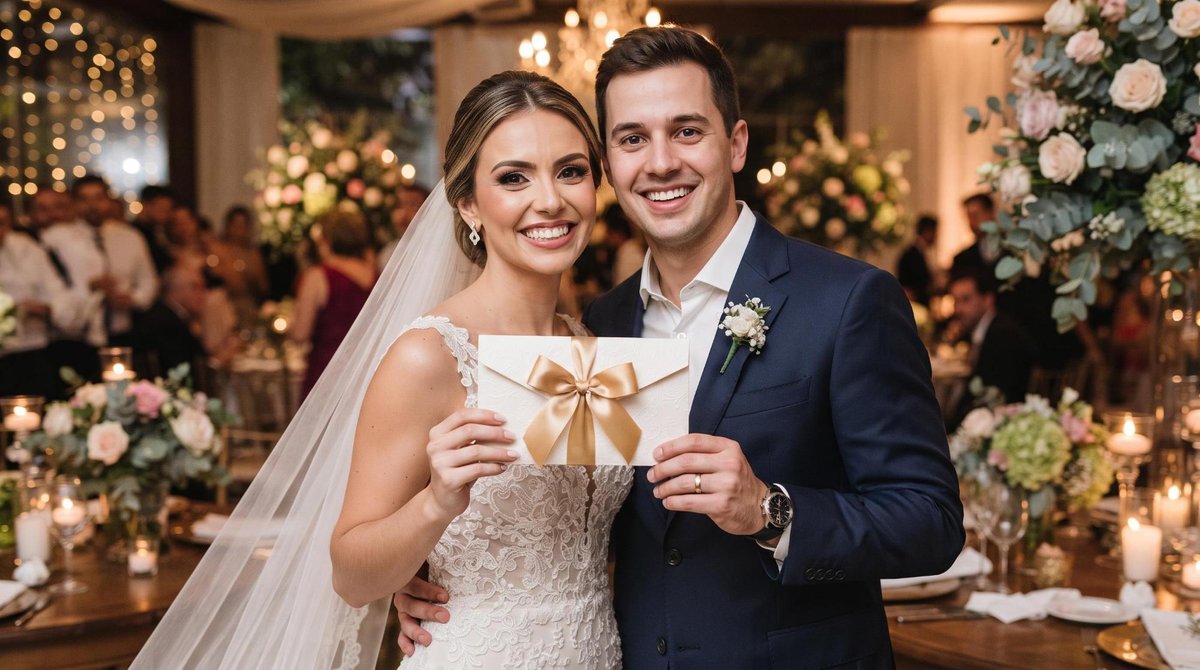 Casal sentado à mesa revisando contribuições de presentes de casamento em dinheiro no celular