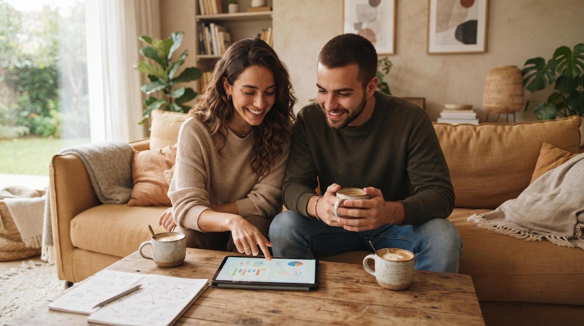 Um casal moderno sentado em um sofá confortável, olhando juntos para um tablet sobre a mesa de centro, com xícaras de café ao lado e anotações de plan