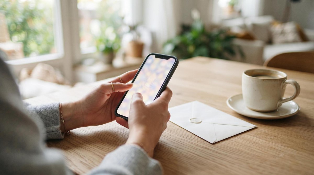 Mãos de uma pessoa segurando um smartphone, com a tela iluminada em primeiro plano, sobre uma mesa de madeira clara com um envelope branco elegante e