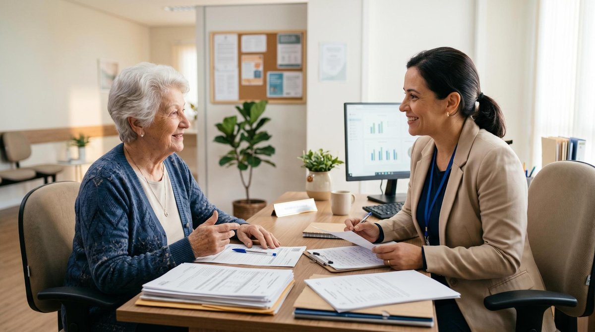 Previdência para idosos sem INSS: o que fazer para garantir uma renda na terceira idade 2 Uma mulher idosa de cabelos brancos conversando com uma assistente social em uma mesa de escritório, com formulários e documentos sobre a mesa, ambien