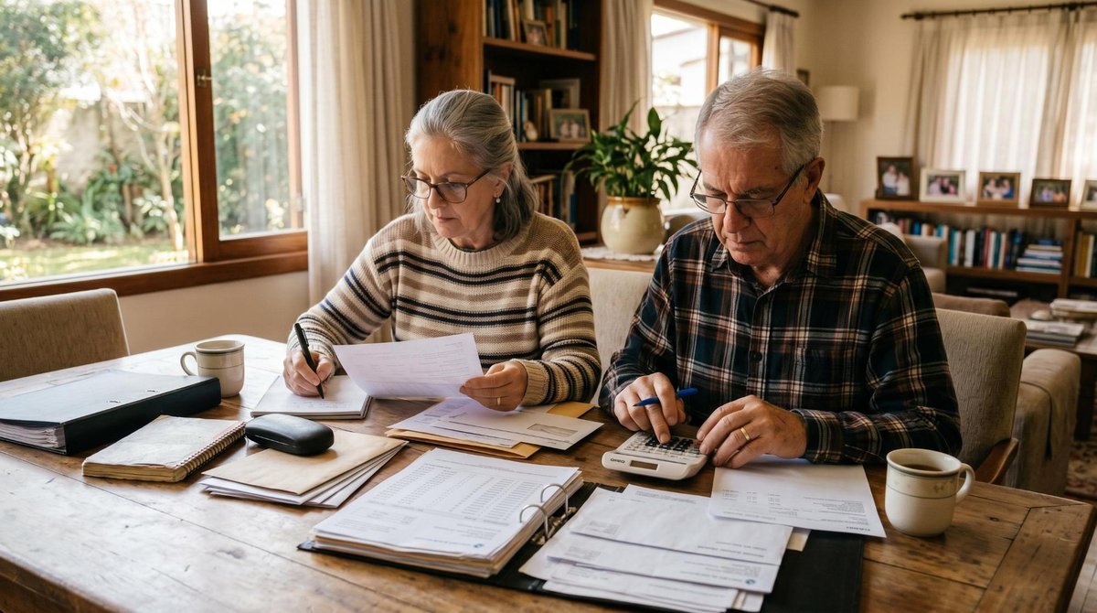 Previdência para idosos sem INSS: o que fazer para garantir uma renda na terceira idade 3 Um casal de idosos sentados à mesa da sala de jantar organizando documentos e papéis com expressão concentrada, calculadora e caneta sobre a mesa, amb