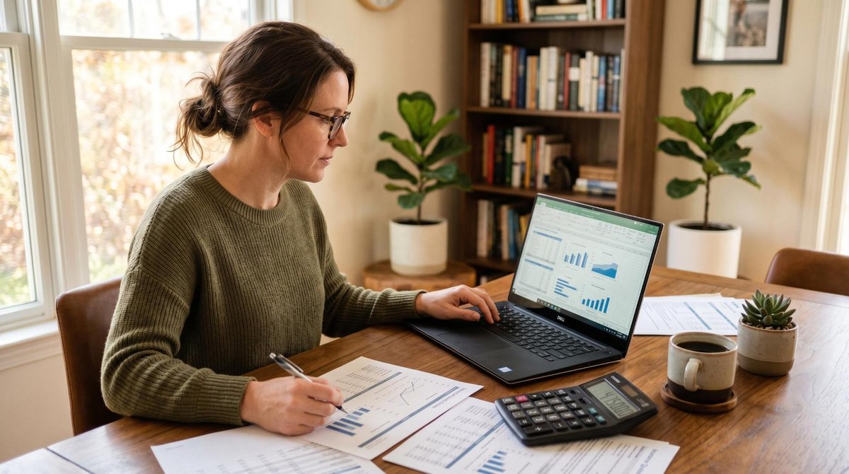 Seguro de automóvel: como escolher o melhor preço sem abrir mão da cobertura 2 Pessoa adulta sentada em mesa de escritório doméstico iluminado, analisando documentos e cotações de seguro em um notebook, com calculadora e xícara d