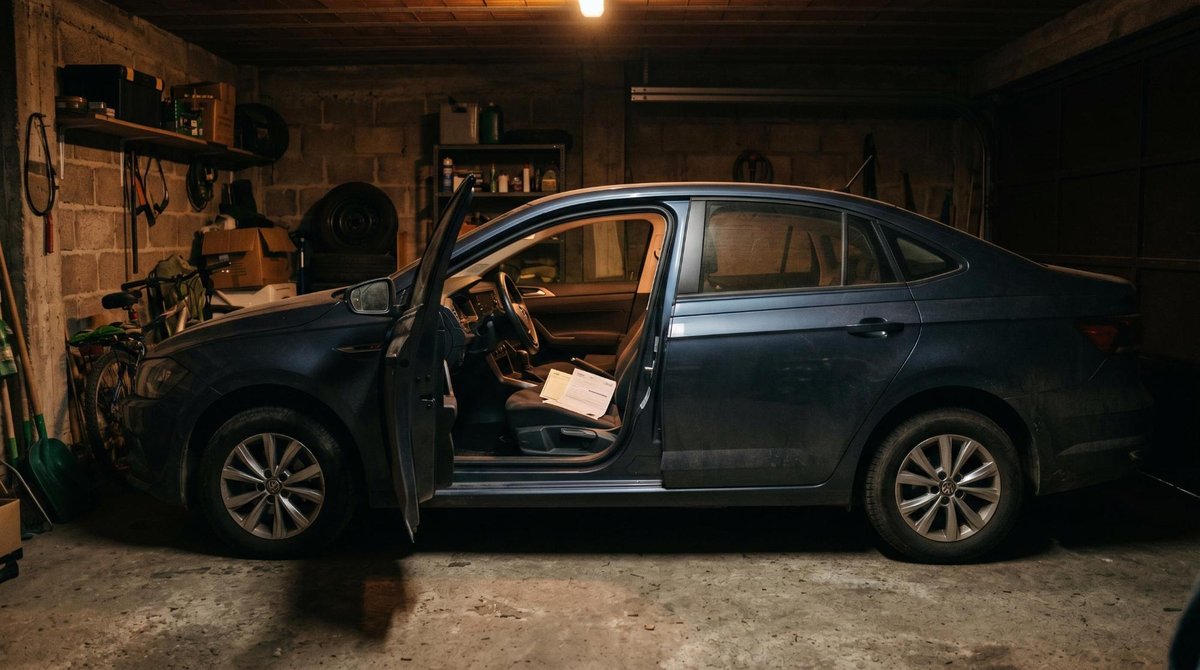 Seguro de automóvel: como escolher o melhor preço sem abrir mão da cobertura 3 Visão lateral de um carro estacionado em garagem residencial à noite, com luz suave iluminando a documentação do veículo e a apólice de seguro sobre o