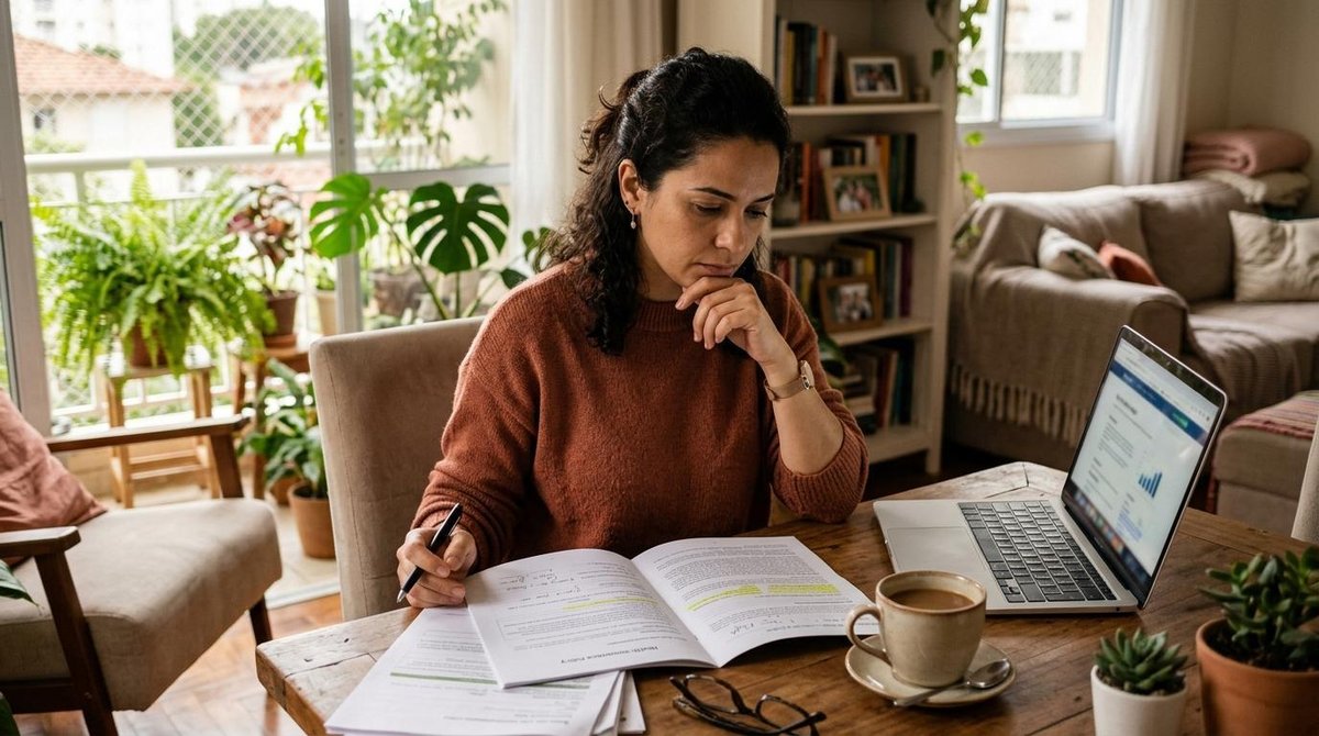 Pessoa sentada em ambiente doméstico confortável analisando apólice de saúde com expressão pensativa, xícara de café sobre a mesa, notebook aberto ao