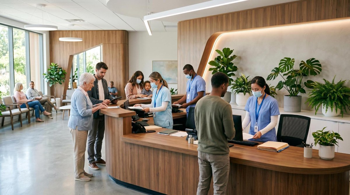 Recepção de clínica médica moderna com profissionais de saúde atendendo pacientes no balcão, ambiente clean e organizado com plantas decorativas, repr