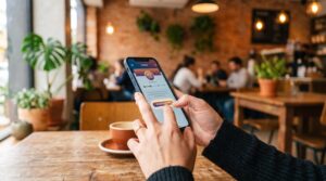 Como aproveitar promoções exclusivas do cartão de crédito para gastar menos no dia a dia 3 Close das mãos de uma pessoa ativando uma oferta de cashback em um aplicativo bancário no celular, com fundo desfocado de uma cafeteria contemporânea