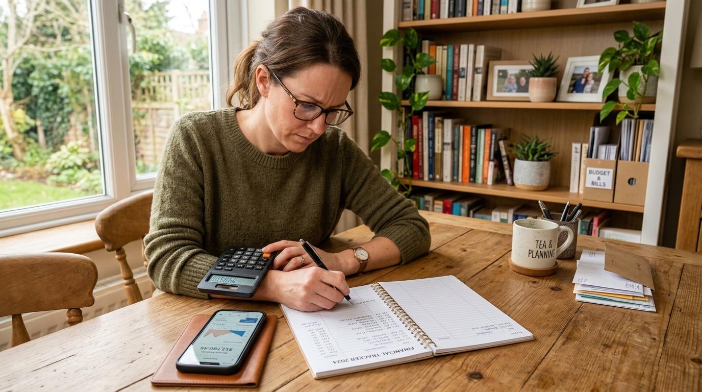 Como refinanciar um crédito digital e reorganizar suas parcelas com mais fôlego 2 Pessoa usando calculadora e escrevendo em caderno de planejamento financeiro sobre mesa de madeira