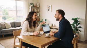 Como criar uma lista de presentes financeiros para casamento e receber com praticidade 2 Duas pessoas conversando e rindo em uma mesa de madeira com um laptop aberto entre elas