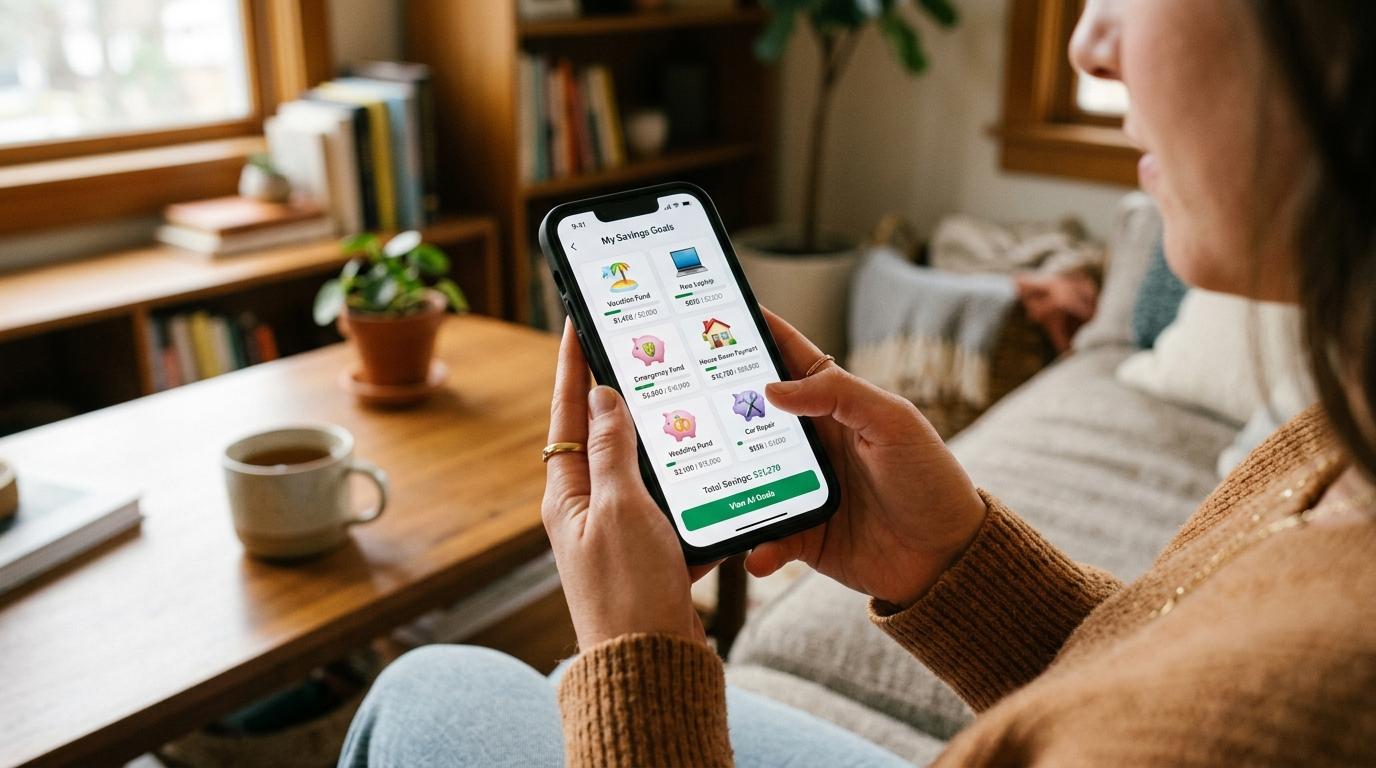 Pessoa reorganizando cofrinhos digitais no celular para redistribuir metas financeiras