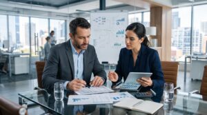 Como projetar rendimentos futuros do seu investimento com mais segurança 2 Duas pessoas examinam documentos financeiros lado a lado em uma mesa de vidro, comparando opções de investimento com tablets e gráficos visíveis ao fu