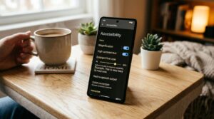 Como usar o Mercado Pago se você é uma pessoa com deficiência: guia de acessibilidade 3 Pessoa segurando xícara de café ao lado de smartphone exibindo configurações de acessibilidade em mesa de madeira