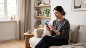 Como aproveitar promoções exclusivas do cartão de crédito para gastar menos no dia a dia 2 Pessoa adulta consulta ofertas exclusivas em um aplicativo de cartão de crédito em seu smartphone, sentada em um ambiente doméstico contemporâneo com