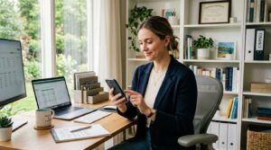 Como personalizar notificações no aplicativo financeiro e manter o controle das suas finanças 2 Pessoa sentada em uma mesa de escritório usando um smartphone com um laptop e prateleiras ao fundo