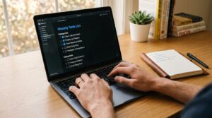 Como criar uma lista de presentes financeiros para casamento e receber com praticidade 3 Pessoa digitando em laptop com lista de tarefas semanal, ao lado de caderno aberto e livros sobre produtividade