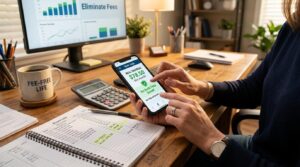 Pessoa usando smartphone para verificar economia bancária em mesa com caderno e monitor
