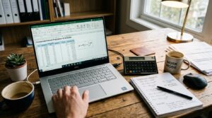 Como projetar rendimentos futuros do seu investimento com mais segurança 3 Uma calculadora financeira ao lado de uma planilha aberta no notebook mostrando fórmulas de juros compostos, com xícaras de café e anotações sobre a m